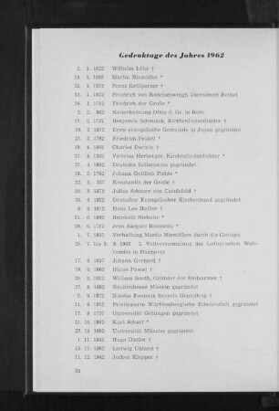Gedenktage des Jahres 1962