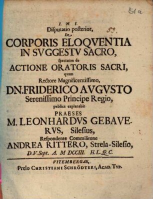 Disp. poster. de corporis eloquentia in suggestu sacro speciatim de actione oratoris sacri