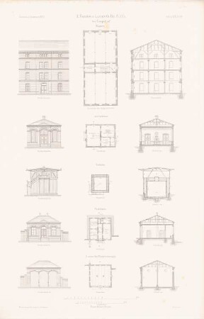 Garnison-Lazarett, Berlin-Tempelhof: Grundriss, Ansicht, Schnitt Magazin, Leichenhaus, Eishaus, Wachthaus, Remise (aus: Atlas zur Zeitschrift für Bauwesen, hrsg. v. G. Erbkam, Jg. 29, 1879)