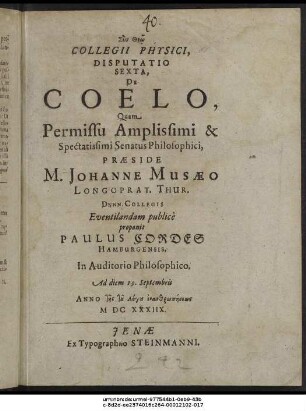 Collegii Physici, Disputatio Sexta, De Coelo