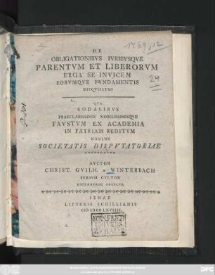 De Obligationibvs Ivribvsqve Parentvm Et Liberorvm Erga Se Invicem Eorvmqve Fvndamentis Disqvisitio