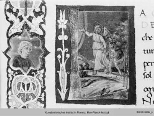 Matteo Palmieri: Città di Vita : Folio mit Randbordüre, eingeschlossenes Medaillon mit Porträt des Autors, historisierten Initialen L mit dem Porträt Leonardo Datis und einem Engel, der die menschliche Seele ins Himmelreich führt