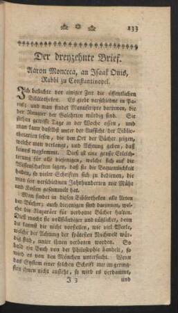 Der dreyzehnte Brief. Aaron Monceca an Isaak Onis, Rabbi zu Constantinopel