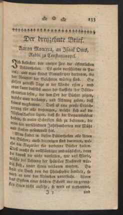 Der dreyzehnte Brief. Aaron Monceca an Isaak Onis, Rabbi zu Constantinopel