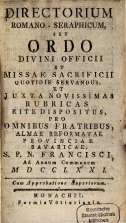 Directorium Romano Seraphicum : ad annum 1771