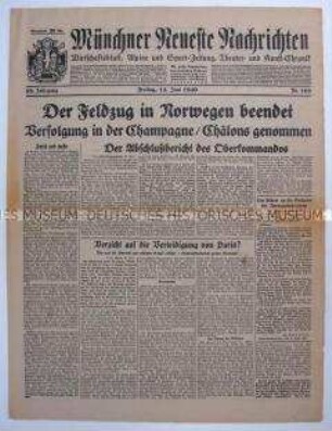 Tageszeitung "Münchner Neueste Nachrichten" zur Besetzung Norwegens