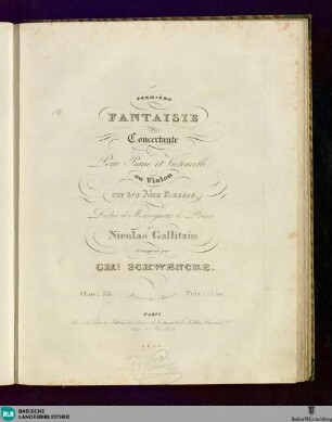 Première Fantaisie concertante pour piano et violoncelle ou violon : sur des airs russes; oeuv. 33