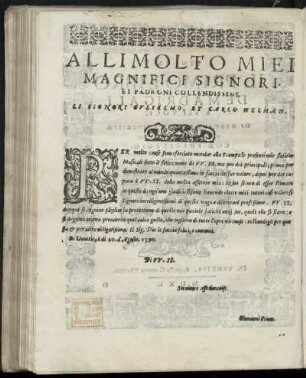 Dedikation an Gulielmo und Carlo Helman von Giovanni Croce, Venedig 20. August 1590