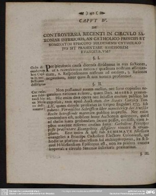 Caput IV. De Controversia Recenti In Circulo Saxoniae Inferioris, An Catholico Principi Et Nominatim Episcopo Hildesiensi Catholico Ius Sit Praesentare Assessorem Evangelicum?