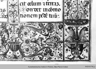 Libro da compagnie laicali: Officia Beatae Mariae Virginis et Defunctorum; Psalmi poenitales et graduales : Incipiunt Psalmi Graduales: Textseite mit floraler Randleistenbordüre mit Bordürenstab, Tierfiguren (Affen), historisierter Initiale A mit Jungfrau Maria