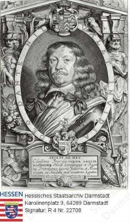 Mey, Adolf v. / Porträt in Medaillon mit Wappen, Allegorien und Sockelinschrift