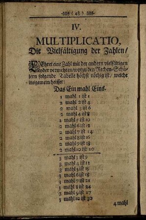 IV. Multiplicatio, Die Vielfältigung der Zahlen.