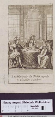 Ein Mann mit Turban und ein Mann mit Dreispitz am Tisch werden von einer Mandoline spielenden Frau unterhalten.