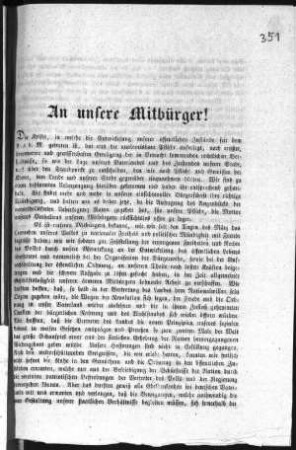 An unsere Mitbürger! Die Krisis, in welche die Entwicklung unserer öffentlichen Zustände [...] (Sammlung Friedlaender)