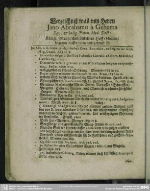 Verzeichniß was von Herrn Jano Abrahamo à Gehema ... gedruckt ist