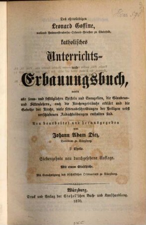 Christkatholisches Unterrichts- und Erbauungsbuch : Vermehrt und verbessert von J. A. Diez