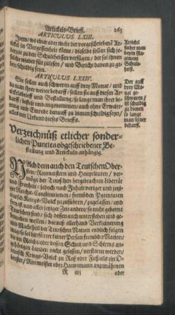 Verzeichnüß etlicher sonderlichen Puncten obgeschriebener Bestallung und Artickuln anhängig.