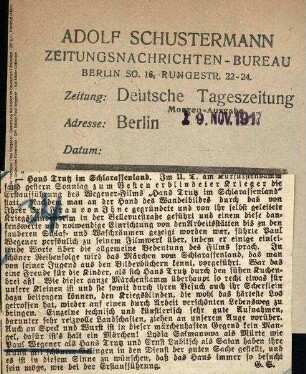 Kritik aus Deutsche Tageszeitung (19.11.1917).