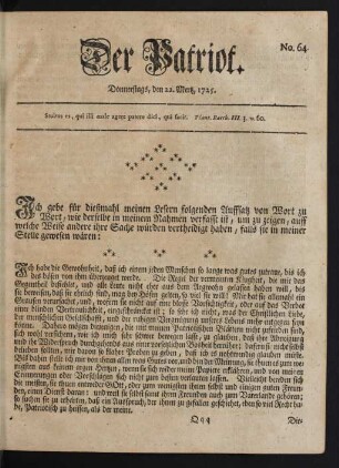No. 64. Donnerstags, denn 22. Mertz, 1725