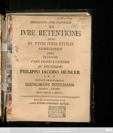 Dissertatio Ivris Natvralis De Ivre Retentionis