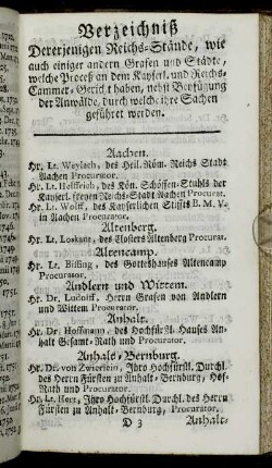 Verzeichniß Dererjenigen Reichs-Stände, wie auch einiger andern Grafen und Städte, welche Proceß an dem Kayserl. und Reichs-Cammer-Gericht haben,[...]