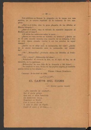 El canto del cisne : A D. Marcial Aguirre Iznardi. - [Poesía]