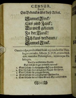 Censur. Das ist: Ein Bedencken über diese Arbeit.
