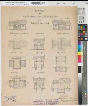 Entwurf über die Errichtung eines Nebengebäudes [Abort und Stall] auf Bahnhof Havixbeck: Grundrisse, Ansichten, Schnitte, M. 1:100 Hgb