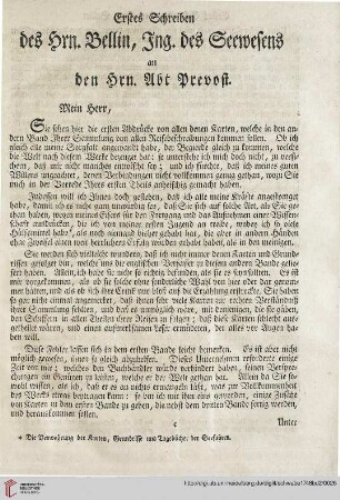 Erstes Schreiben ds Hrn. Bellin, Ing. des Seewesens an Hrn. Abt. Prevost.