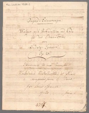 Jugend-Erinnerungen, pf, op. 20, F-Dur - BSB Mus.Schott.Ha 4584-2 : [title page, p. 1] Jugend-Erinnerungen. // Walzer mit Introduction und Coda // für das Piano-Forte // von // Ludwig Spamer // Op. 20. // Souvenirs de ma Jeunesse // Walses avec Introduction et Finale // composées pour le Piano // par Louis Spamer // op 20 prix f