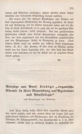 Auszüge aus Prof. Liebigs "organische Chemie in ihrer Anwendung auf Agricultur und Physiologie" nebst Bemerkungen vom Redacteur.