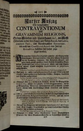 Kurtzer Außzug Der vornehmsten Contraventionum Und Gravaminum Religionis [...]