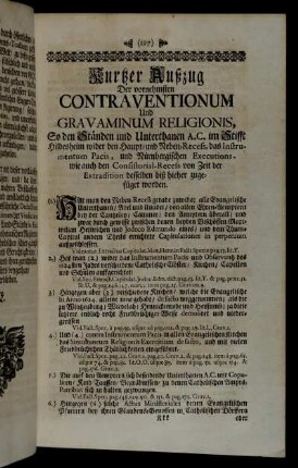 Kurtzer Außzug Der vornehmsten Contraventionum Und Gravaminum Religionis [...]