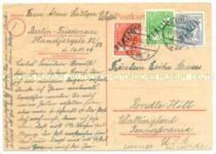 Postkarte an das Pendle Hill College mit Dank für ein Paket - Sachkonvolut