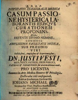 Disp. inaug. med. casum passione hysterica laborantis eiusque curationem proponens