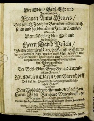 Der Edlen/ [...] Frauen Anna Wetters/ [...] Herrn David Pesteln/ [...] Frauen Fr. Marien Claren von Varendorff/ [...]