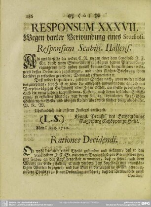 Responsum XXXVII. Wegen harter Verwundung eines Studiosi