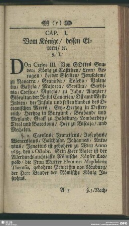 Cap. I. Vom König, dessen Eltern, [et]c.
