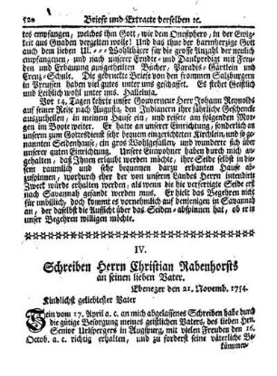 IV. Schreiben Herrn Christian Rabenhorsts an seinen lieben Vater