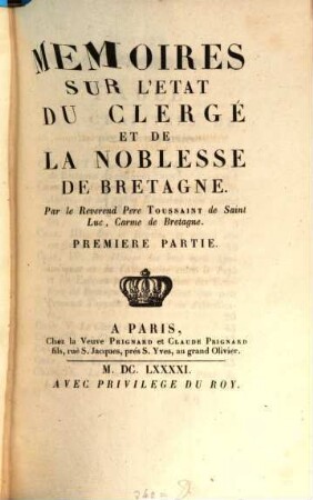 Mémoires sur l'état du clergé et de la noblesse de Bretagne, 1