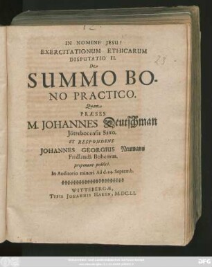 Exercitationum Ethicarum Disputatio II. De Summo Bono Practico