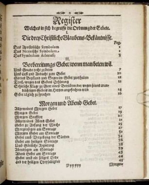 Register Welches in sich begreifft die Ordnung der Gebete.