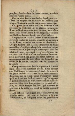 Conseil d'état. Rapport du C.en Portalis, conseiller d'état, chargé de toutes les affaires concernant les cultes, sur les articles organiques de la convention passée à Paris, le 26 Messidor an IX, entre le gouvernement français et le Pape