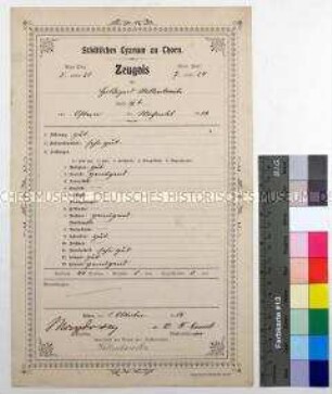 Zeugnis für Hildegard Wallentowitz, Schülerin der IX. Klasse des Städtischen Lyzeums Thorn; Thorn, 1. Oktober 1913