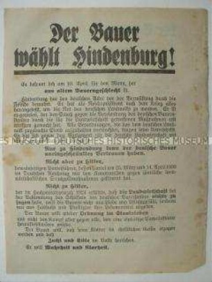 Aufruf an die Landbevölkerung zur Wiederwahl von Hindenburg zum Reichspräsidenten