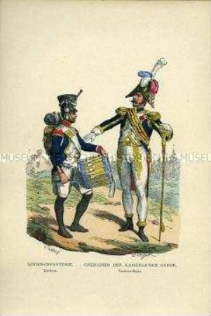 Uniformdarstellung, Tambour und Tambour-Major der Linien-Infanterie und des Grenadier-Regiments der Kaiserlichen Garde, Frankreich, 1812. Tafel 15 aus: Bellangé: Die Soldaten der französischen Republik und des Kaiserreichs.