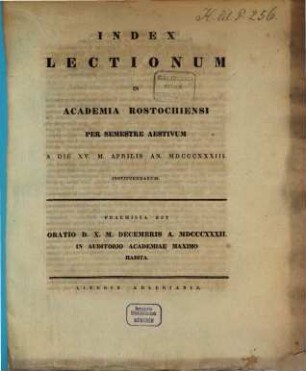 Index lectionum in Academia Rostochiensi ... publice privatimque habendarum, SS 1833