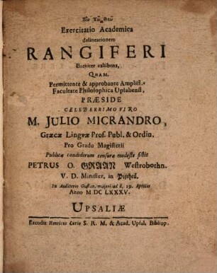 Exercitatio acad. delineationem rangiferi breviter exhibens