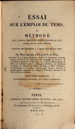 Essai sur l'emploi du tems : ou methode, qui a pour objet de bien régler sa vie