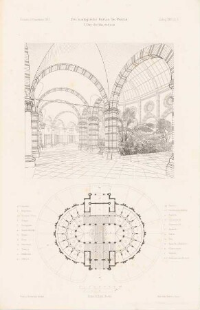Zoologischer Garten, Berlin Antilopenhaus: Grundriss, Perspektivische Innenansicht Antilopenhaus (aus: Atlas zur Zeitschrift für Bauwesen, hrsg. v. G. Erbkam, Jg. 25, 1875)